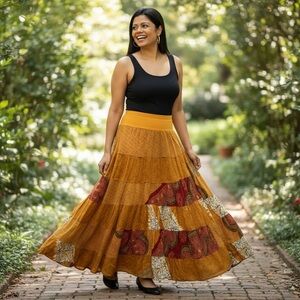 RECYCLED PARADISE SKIRT colors of yellow, red, cream, brown. Size S/M